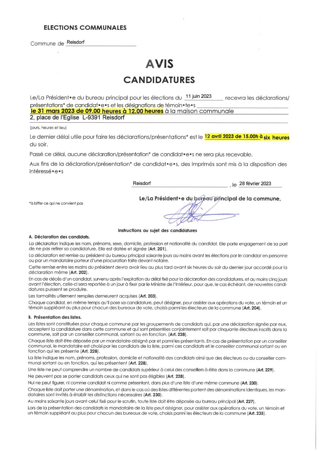 Élections communales - déclarations de candidat(e)s et désignations de témoin(te)s