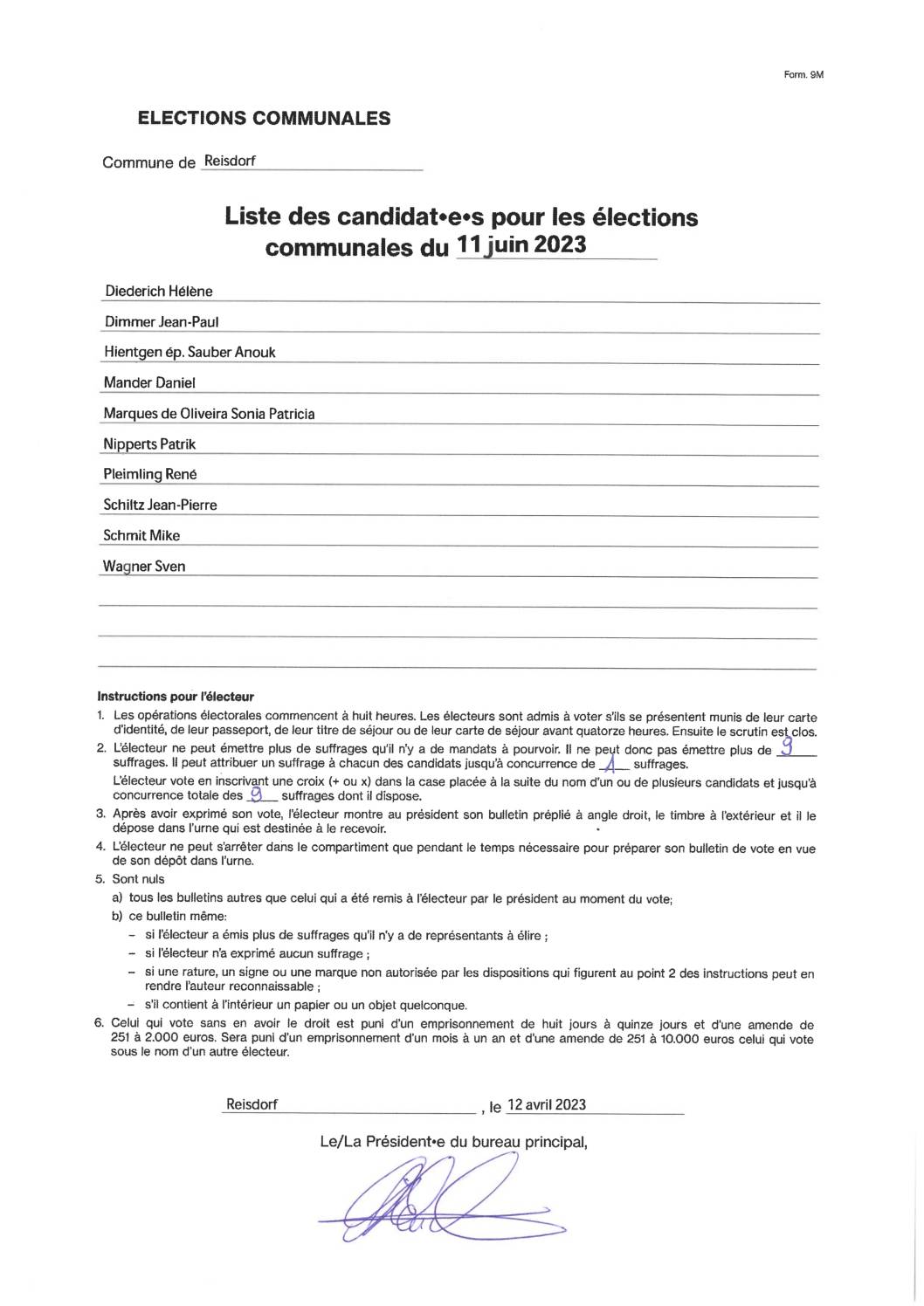 Liste des candidat(e)s pour les élections communales du 11 juin 2023