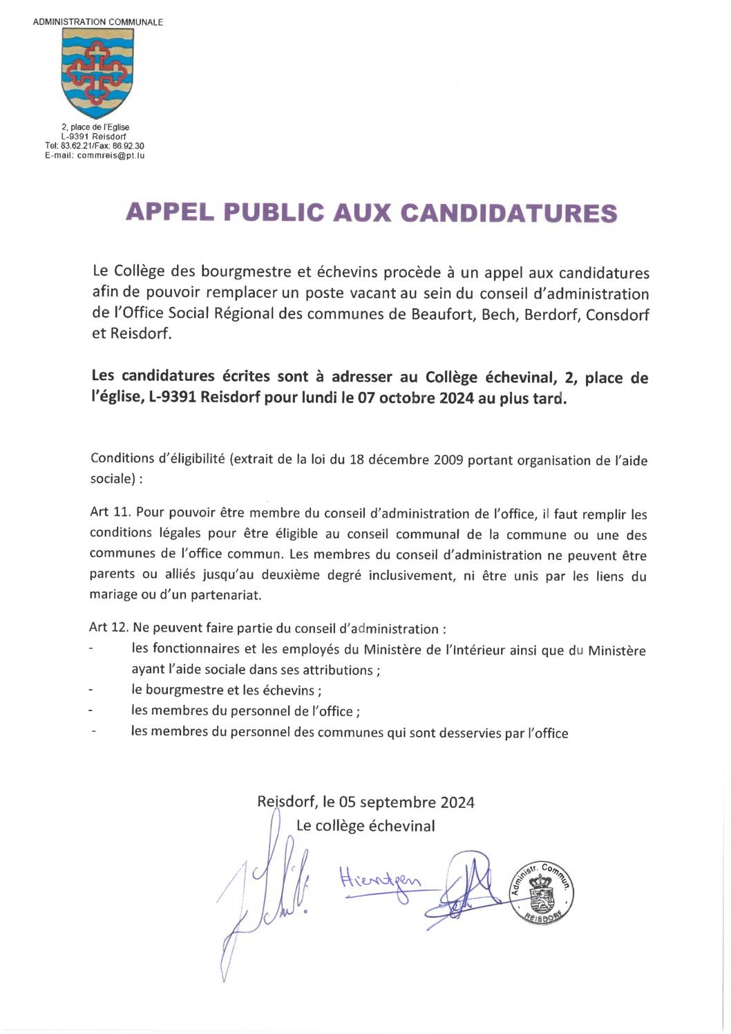 Appel public aux candidatures - conseil d'administration office social régional