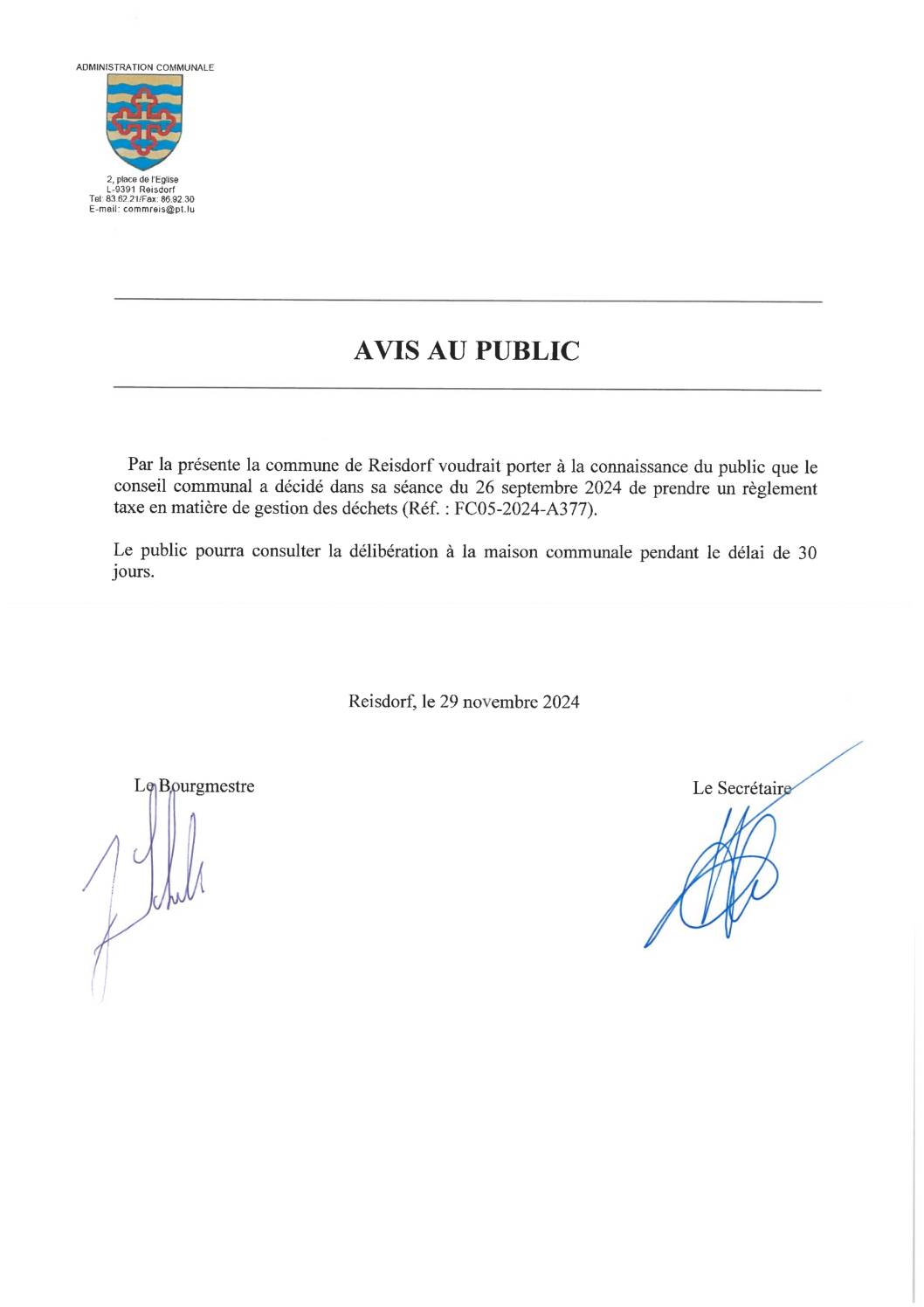 Avis au public - règlement texe en matière de gestion des déchets Réf. FC05-2024-A377