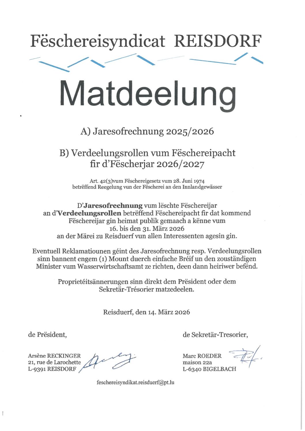 Avis au public - Fëschereisyndicat Reisdorf