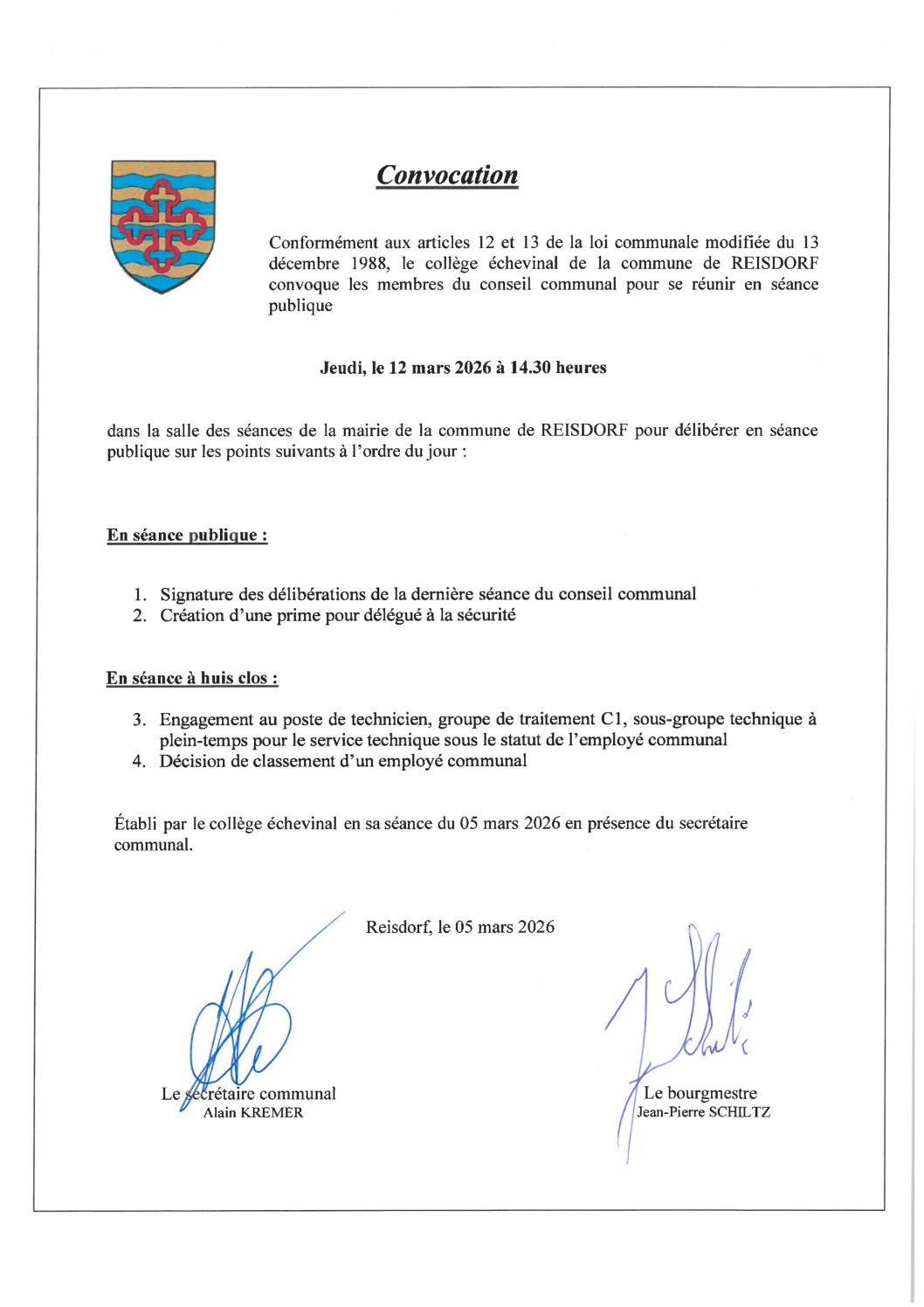 Séance du conseil communal en date du 12 mars 2026