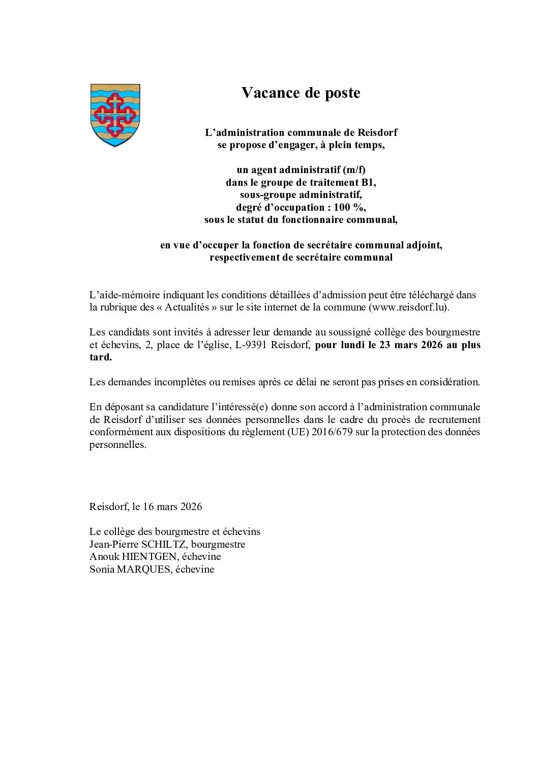 Vacance de poste - un agent administratif B1 pour le secrétariat communal