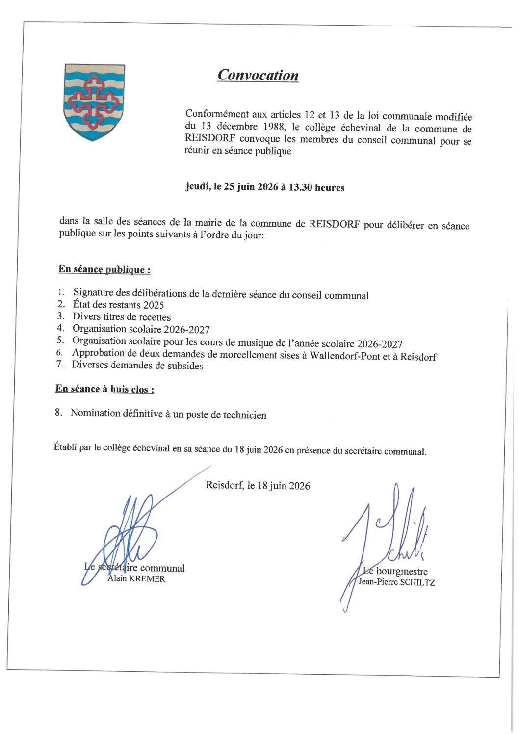 Convocation conseil communal 25 juin 2026