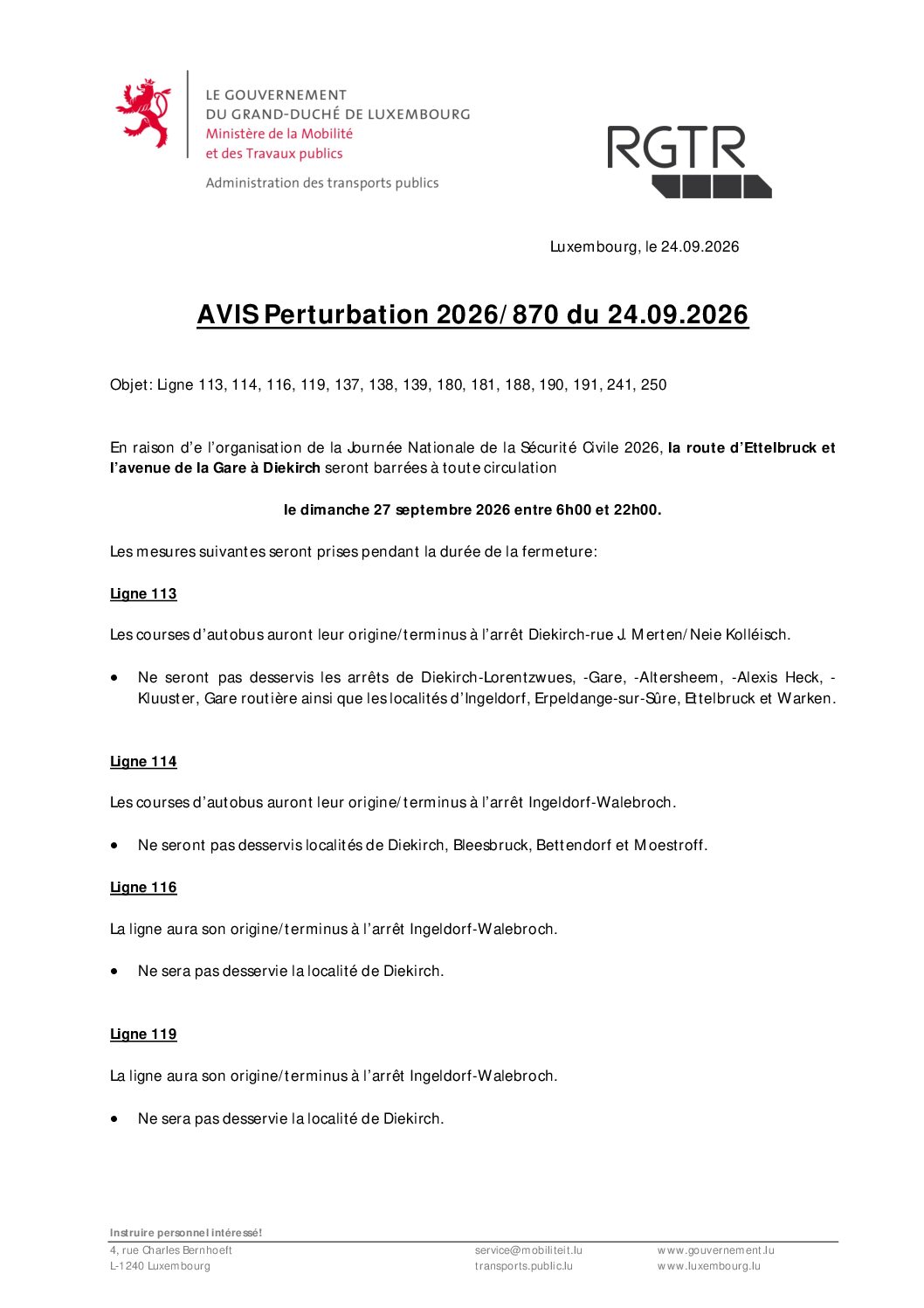 Avis perturbation RGTR - Diekirch - Journée Nationale de la Sécurité Civile