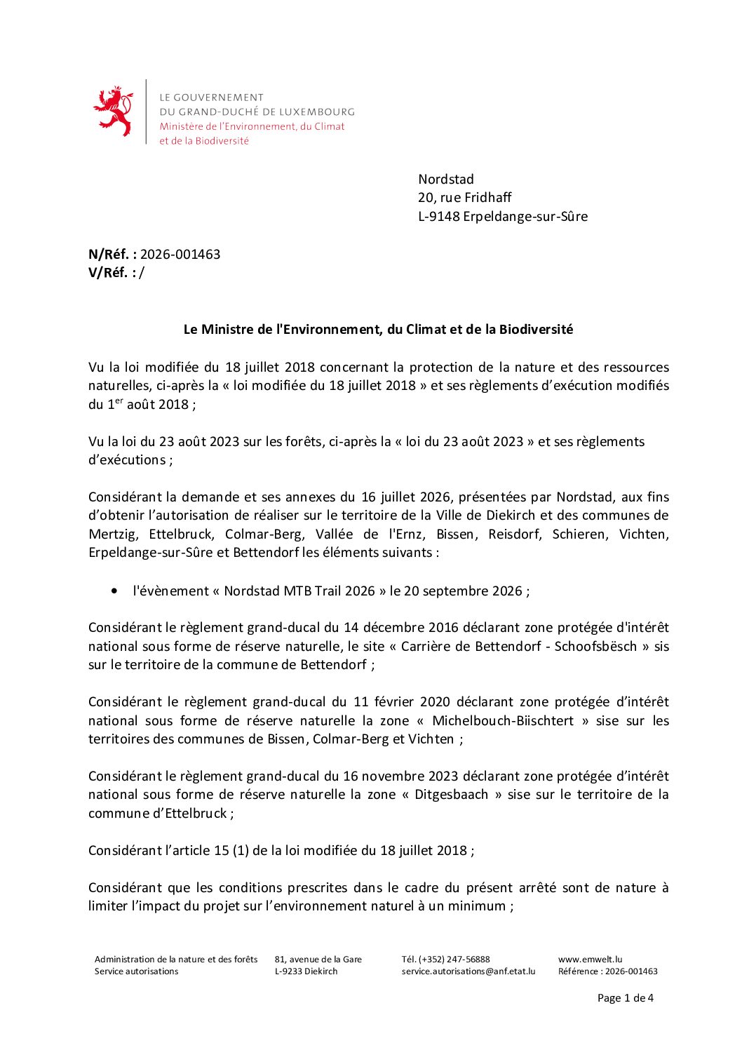 Notification de la décision du dossier 2026-001463 - événement Nordstad MTB Trail 2026