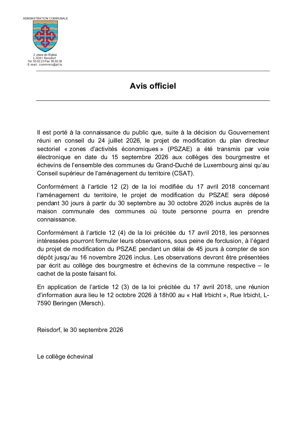 Avis au public - projet de modification du plan directeur sectoriel zones d'activités économiques