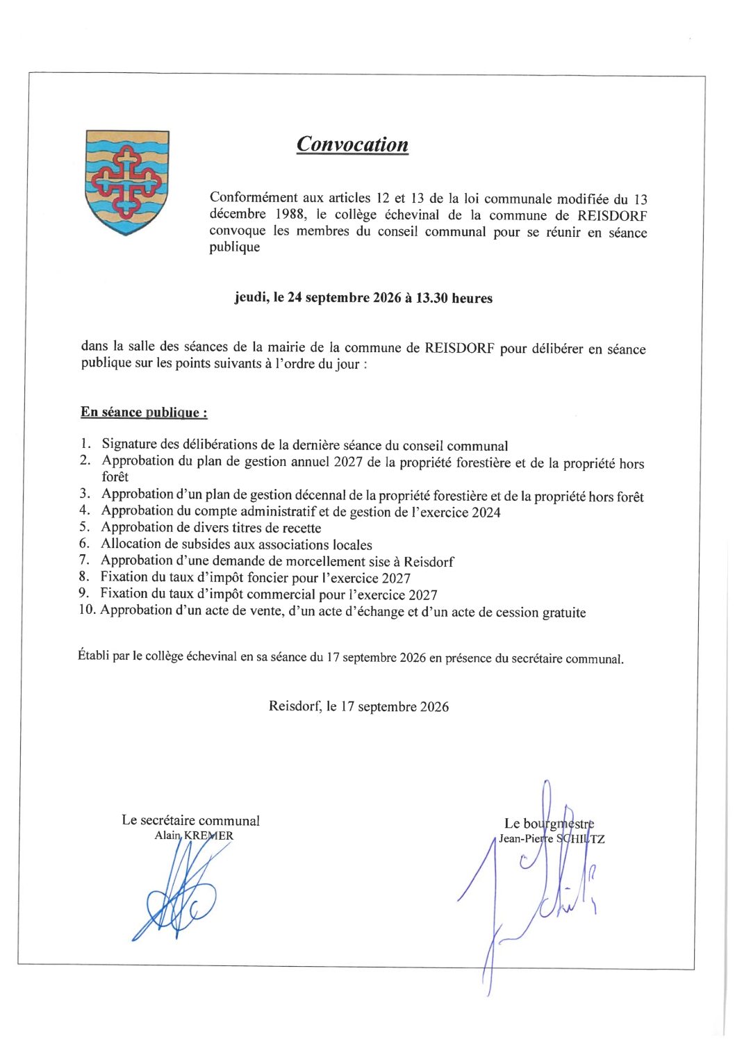 Conseil communal du 24.09.2026 - ordre du jour