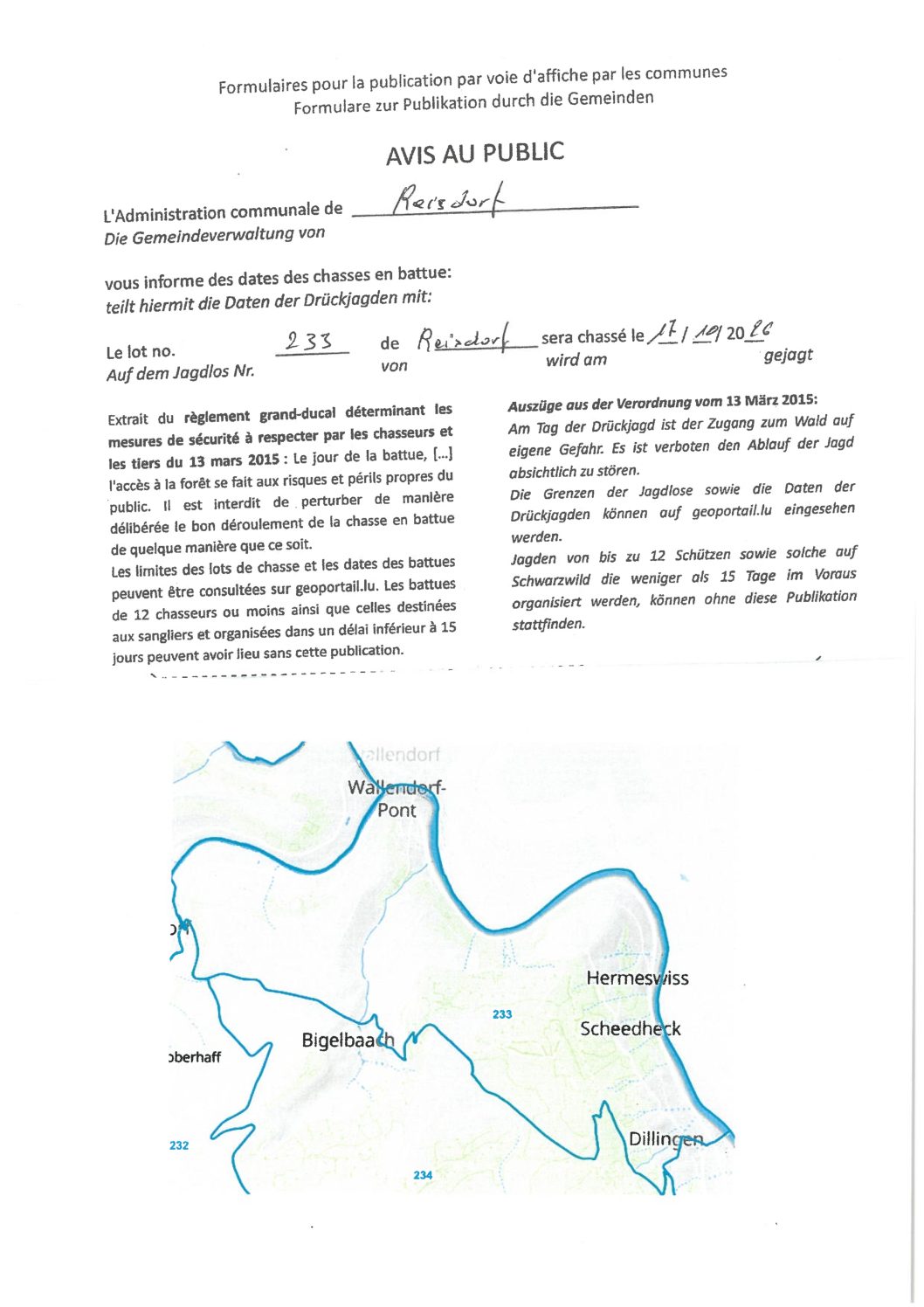 Avis au public - Chasse lot 233 - 17.10.2026