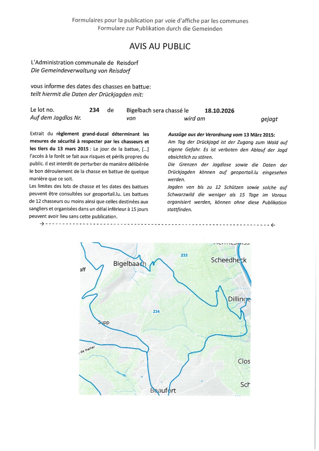 Avis au public - Chasse lot 234 - 18.10.2026
