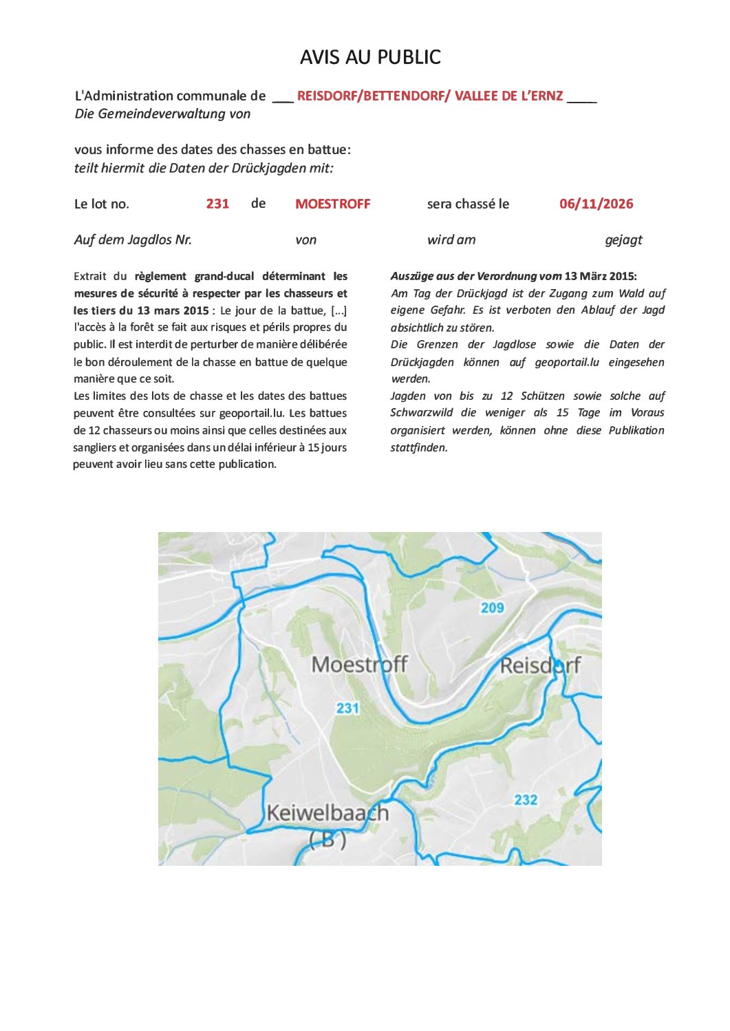 Avis au public - Chasse en battue lot 231 le 06.11.2026